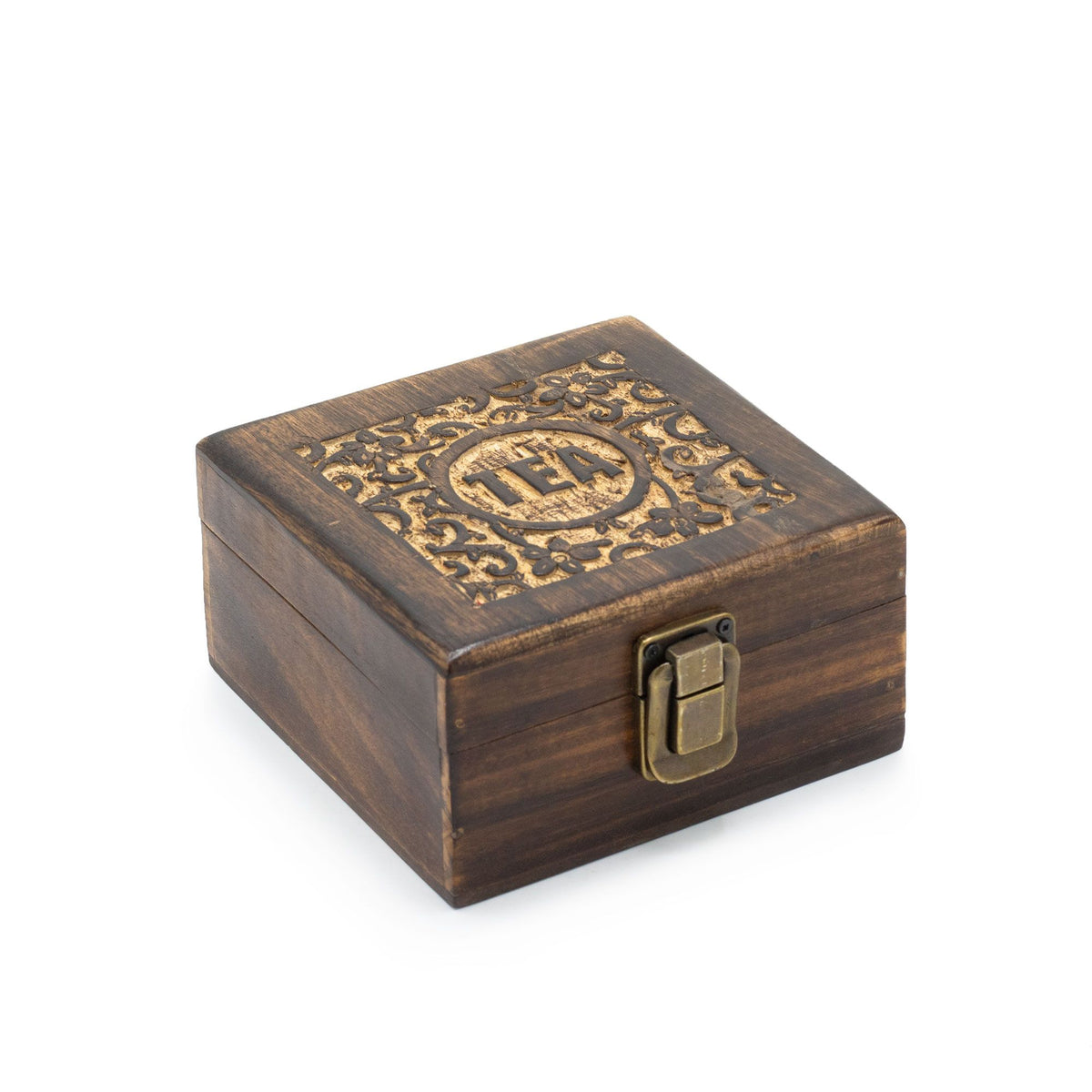 Carved Mango Wood Tea Box — 4 Compartments