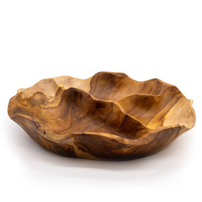 Smooth Round Teakwood Fruit Bowl Three Sections - 30x5.5cm