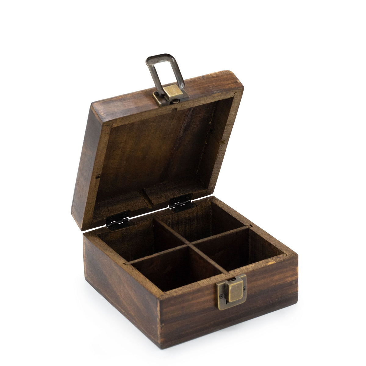 Carved Mango Wood Tea Box — 4 Compartments