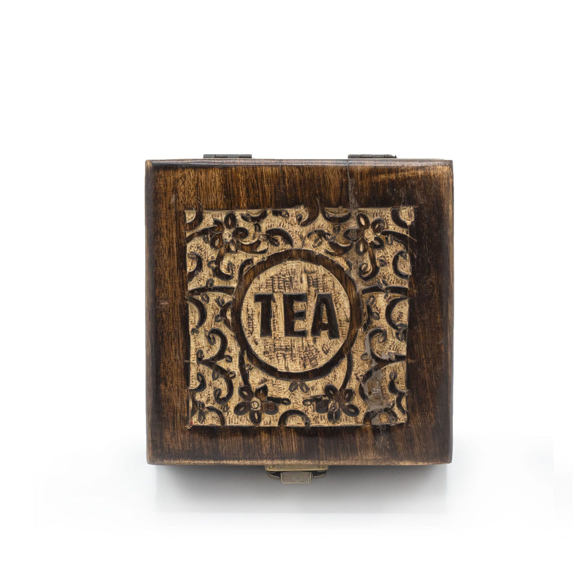 Carved Mango Wood Tea Box — 4 Compartments