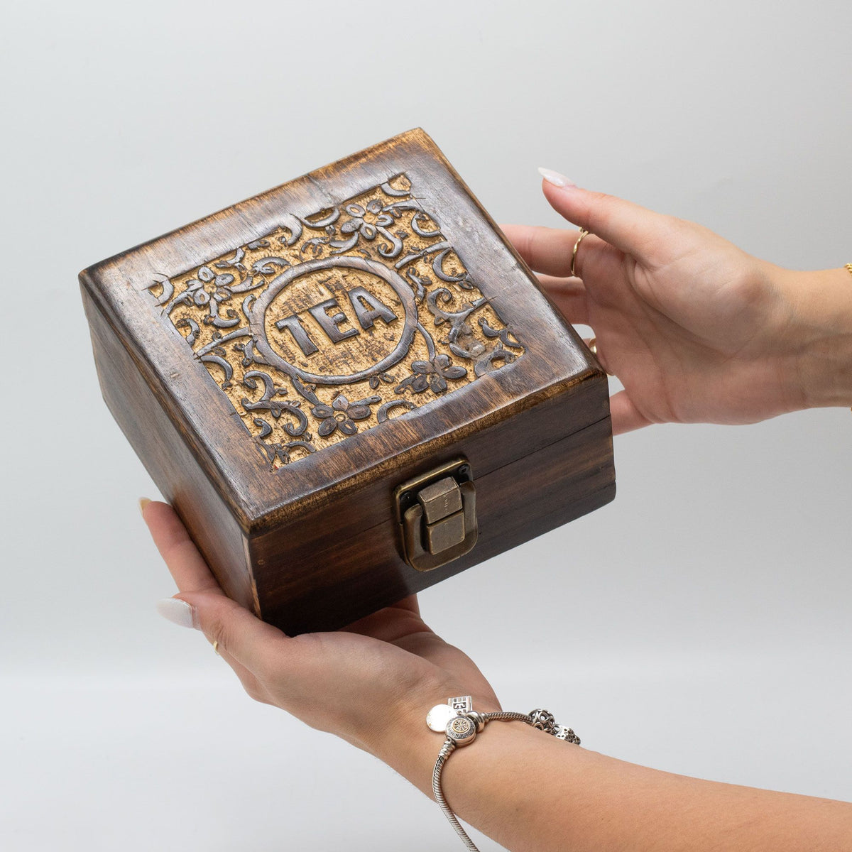 Carved Mango Wood Tea Box — 4 Compartments