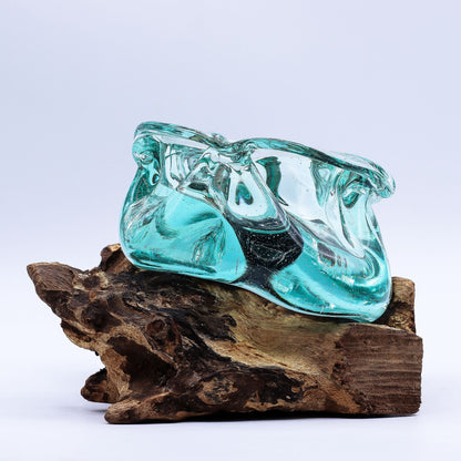 Molten Glass Chunky Ashtray / Candle Holder on Wood 23cm